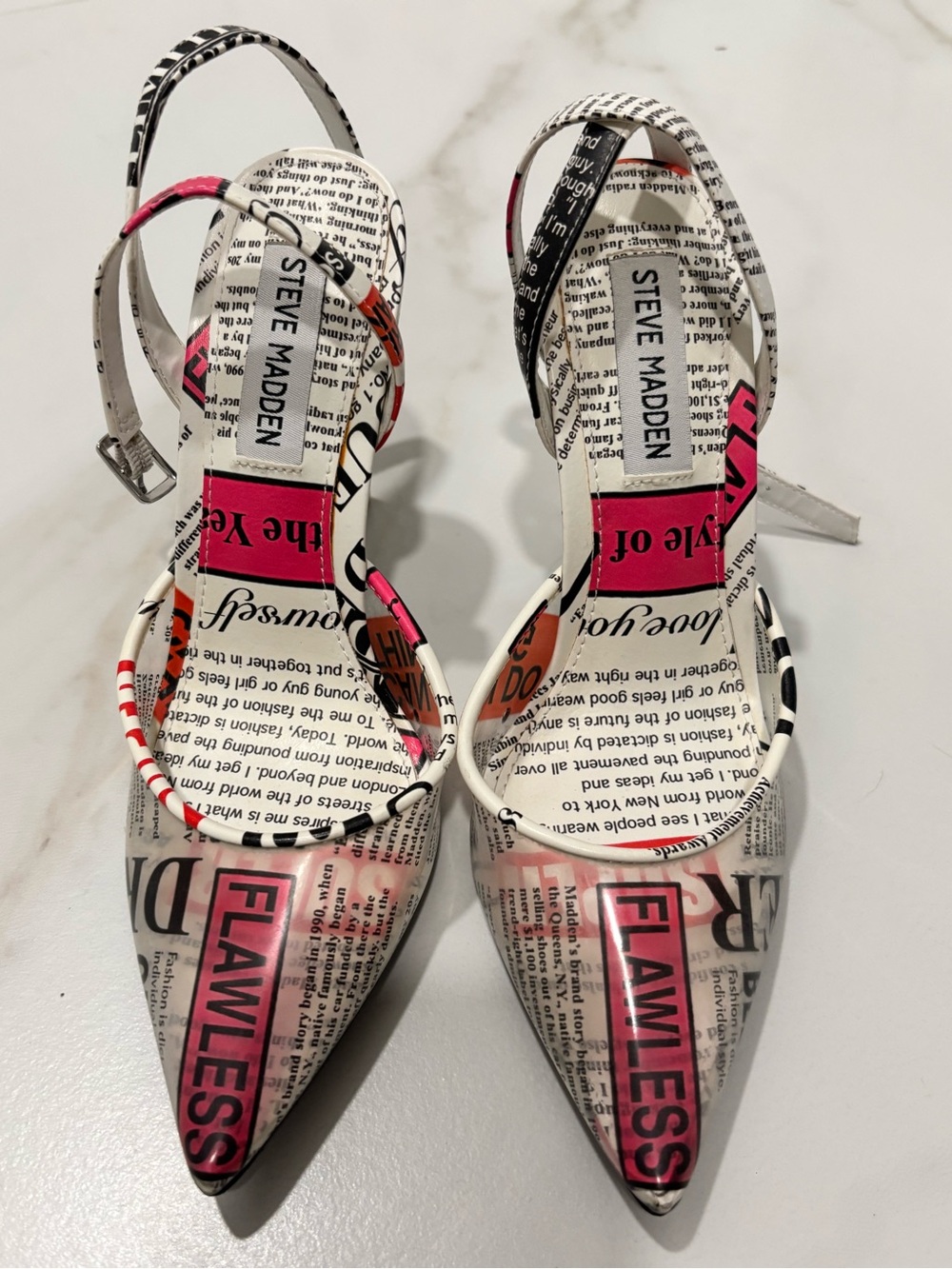 Steve Madden White Newspaper-Print Pointed Slingback Heels with Pink Accents
